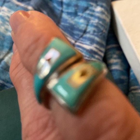 SIZE 6 Turquoise inlay style ring marked Silver SC I believe - Picture 6 of 6